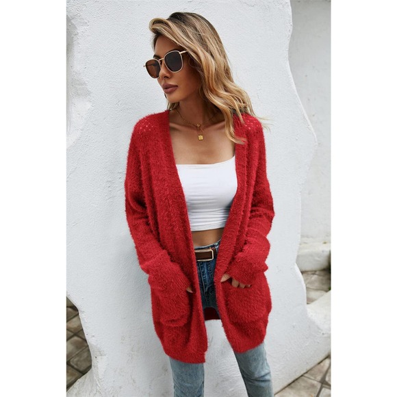 Open Front Openwork Fuzzy Cardigan with Pockets - Picture 3 of 11